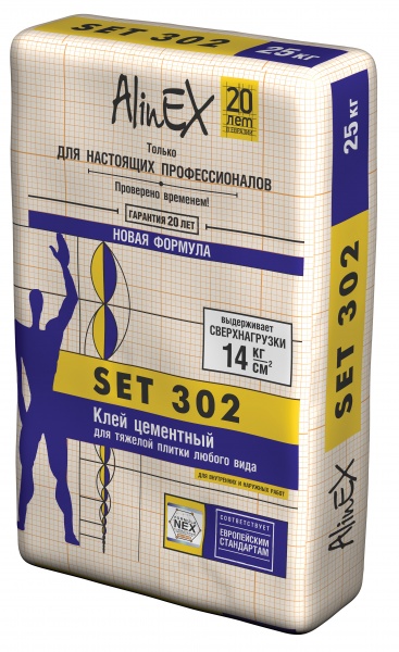 картинка Клей AlinEX SET 302, 25кг (для плитки, , стены, пол, бассейны, серый) от магазина ТНП